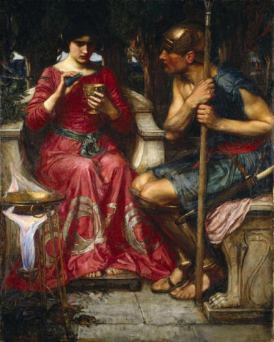 《伊阿宋与美狄亚》（1907）——John William Waterhouse。魔女美狄亚，从赫利俄斯处习得魔法，在对赫卡忒神殿的拜访中得到提升。对伊阿宋一见钟情，为躲避追兵杀死自己的弟弟，在伊阿宋移情别恋后让情敌穿上有毒的…