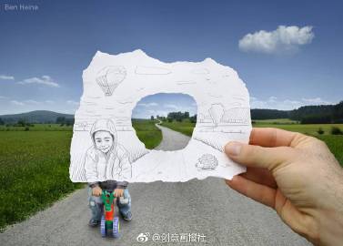 比利时跨界视觉艺术家 Ben Heine 的创意#插画# ​，画面和背景完美契合，又充满有趣的想象 ​