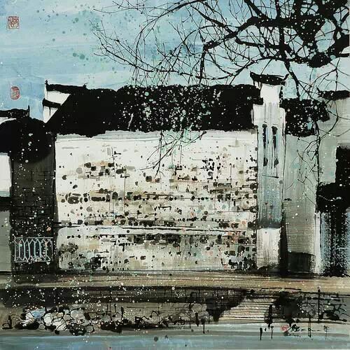 水墨国画意境清新简约江南风景建筑