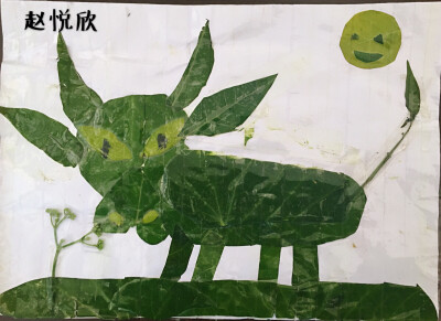 树叶贴画 儿童画 牛