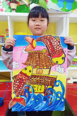 儿童画  水粉  鲤鱼跃龙门