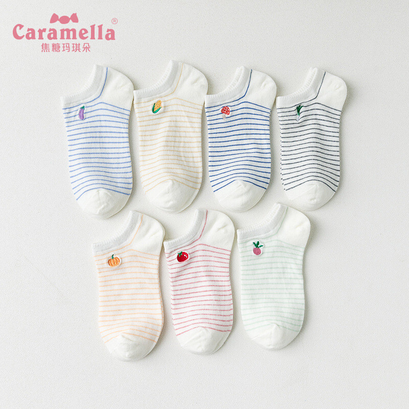 caramella 2018 条纹 蔬菜刺绣 船袜 女袜短袜袜子