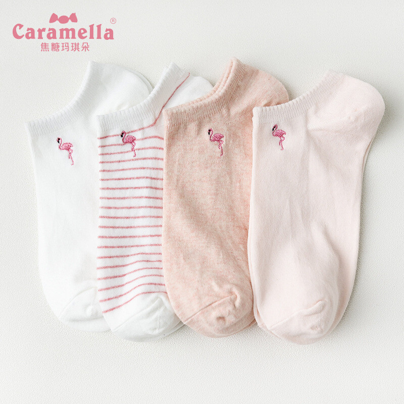 caramella 2018春夏 刺绣 火烈鸟 船袜 短袜女袜 可爱小动物