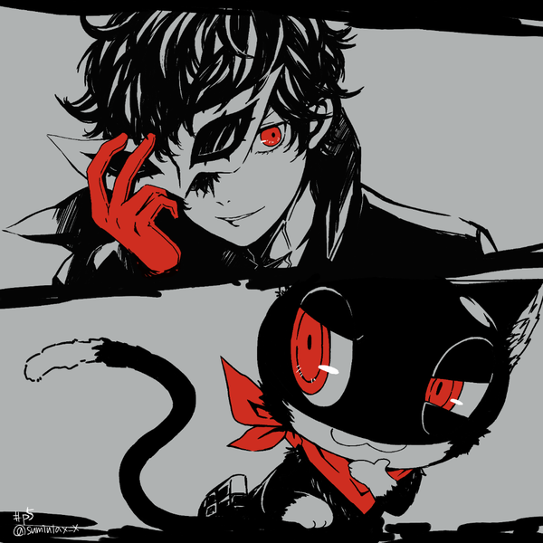 Anime picture 1024x1024 with
persona 5
persona
amamiya ren
morgana (persona 5)
kawasemi sumika
short hair
red eyes
looking away
signed
grey background
twitter username
spot color
polychromatic
high contrast
boy
gloves
animal
cat
mask
bandana