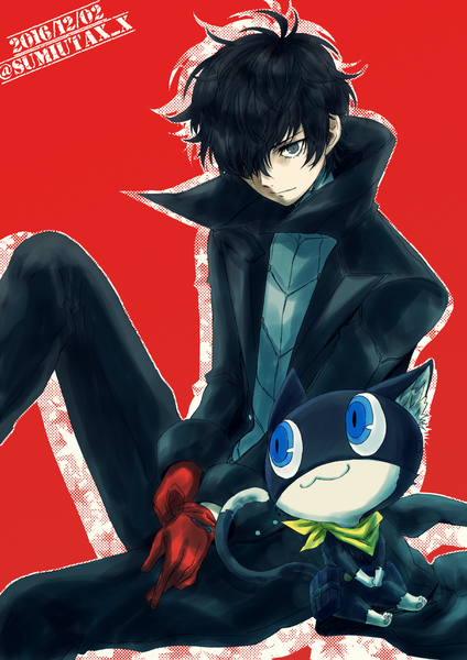 Anime picture 848x1200 with
persona 5
persona
amamiya ren
morgana (persona 5)
kawasemi sumika
tall image
short hair
black hair
simple background
sitting
signed
black eyes
hair over one eye
dated
red background
twitter username
boy
gloves
animal
cat