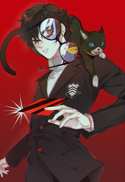 Anime picture 1251x1818 with
persona 5
persona
amamiya ren
morgana (persona 5)
sanmen
tall image
short hair
black hair
red eyes
simple background
upper body
red background
glasses removed
boy
animal
glasses
cat
card (cards)
turtleneck