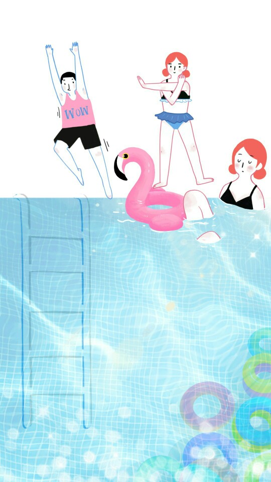 夏天清凉泳池蓝色简约人物锁屏壁纸