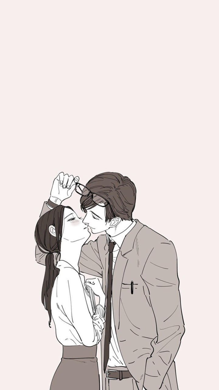 手绘双人情侣壁纸 壁咚吻