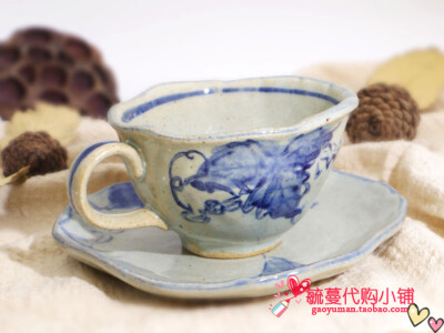 日本进口手工美浓烧手描葡萄茶杯复古陶瓷咖啡杯套装粗陶杯礼物男