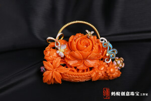 【蚂蚁创意珠宝工作室】珊瑚牡丹花篮 ，传统工艺结合现代设计，精致不失韵味，可当胸针可当吊坠。