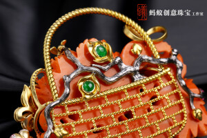 【蚂蚁创意珠宝工作室】珊瑚牡丹花篮 ，传统工艺结合现代设计，精致不失韵味，可当胸针可当吊坠。
