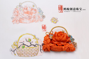 【蚂蚁创意珠宝工作室】珊瑚牡丹花篮 ，传统工艺结合现代设计，精致不失韵味，可当胸针可当吊坠。