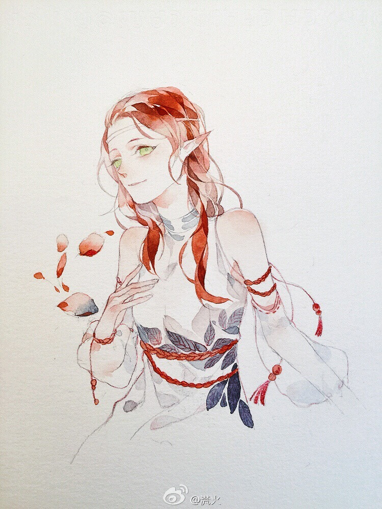 水彩动漫人物女清新红发