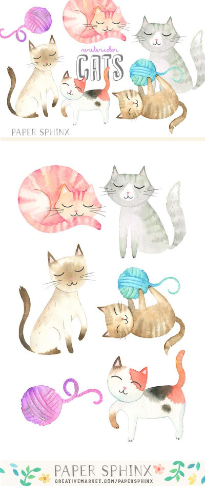 Watercolor Cats Graphic Pack - Illustrations - 1