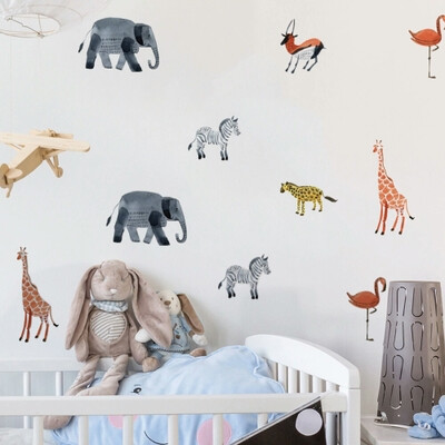 Funlife|北欧风格ins清新水彩动物大象墙贴墙纸儿童房背景墙装饰