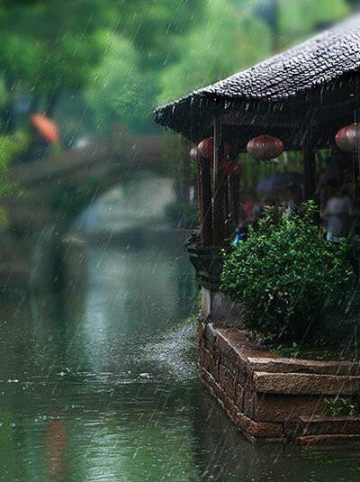 小桥清荷油纸伞，一蓑烟雨话江南。 ​