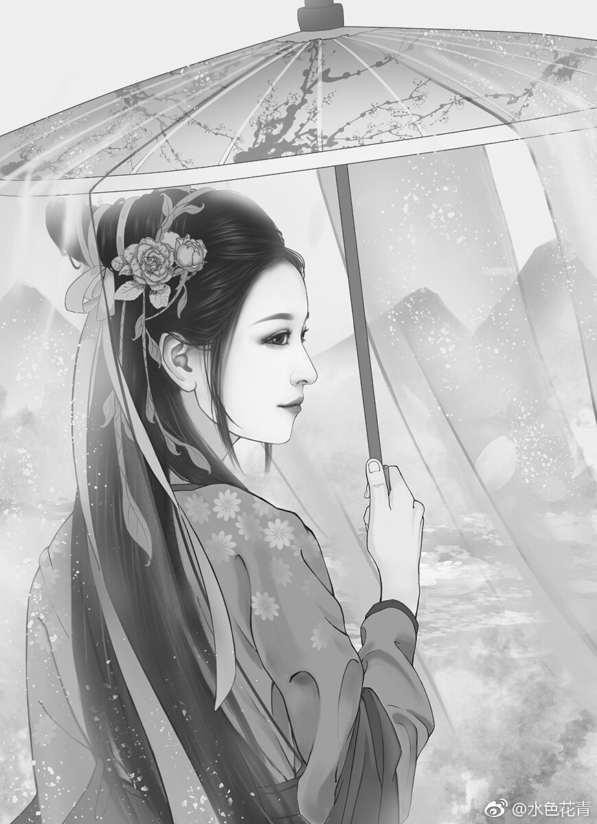 手绘古风持伞女子
画师：水色花青