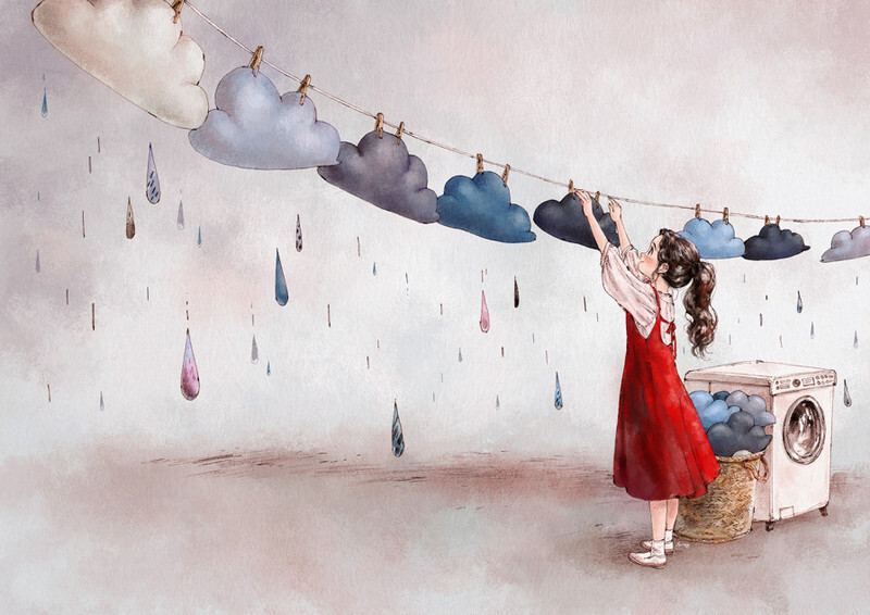 把乌云洗净，明天就能看到晴朗的蓝天白云 ~ 来自韩国插画家Aeppol 的「森林女孩日记-2018」系列插画。