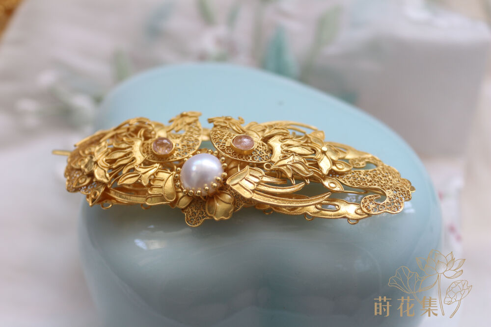 定制 【莳花集】奢华之色-文物款990银镀金镶珍珠小发冠