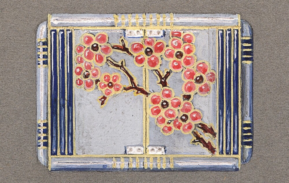 手提包隐秘始终手稿（铅笔、水粉、墨水），by Chaumet，1925年
装饰有樱桃树图案。