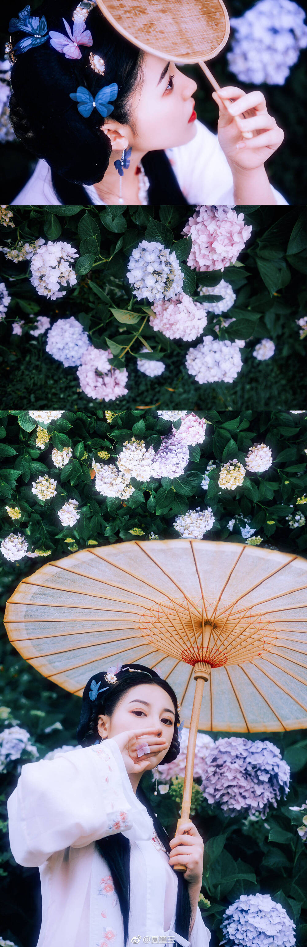  我也不知道我在这片土地里扎根了多久。
只是一场雨后，我便能清楚地看到眼前的一切。
连带着，那个日日来浇水的小和尚的样子。
他像是吓了一跳，又慌慌张张的朝我拘礼。
念念叨叨的样子可真可爱。
我歪着头打量他，像是看不够似的。
其实只能看到他低下去的一个增光瓦亮的脑壳，可我还是撤不回目光来。
几百年来，给我浇水的人不止他一个。
可只有他会给开败的花埋进坑里，还会念叨着一些呆头呆脑的家常话。
他好像很孤单。
我这样想着，一想，就是十几年。
十几年。
小和尚变成了青年和尚。
而我，也从一株绣球花，变成了绣球精。
可不变的是，他仍来花前念叨家常。
我仍在花下听他念叨。
许是我漂亮，他见了我总有些羞赫，说话也不自觉的变的磕磕巴巴。
有时不耐烦了，我就敲一敲他的脑袋，拽着他去山下吃凉糕。
人间的凉糕真好吃。
人间的小和尚真好看。
人间真好。
入镜：@就是刘冰雪呀
造型：@摄影匠南宫彧周
文案：@59号少年
摄影/后期：夏墨玉
