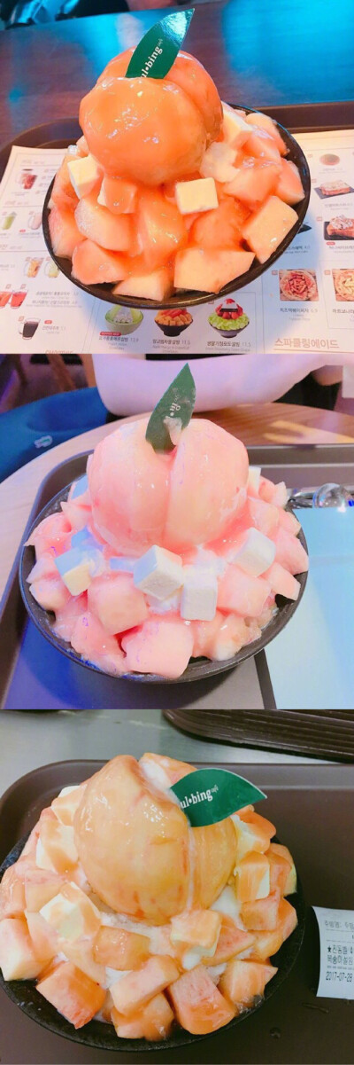 韩国甜品店DESSERT CAFE SULBING推出的水蜜桃沙冰，夏天，能安慰我的也只有桃子和西瓜了 ​