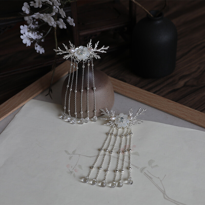定制 悦己容手工古风头饰珍珠水晶流苏发夹汉服发饰中国风【松暮雪】