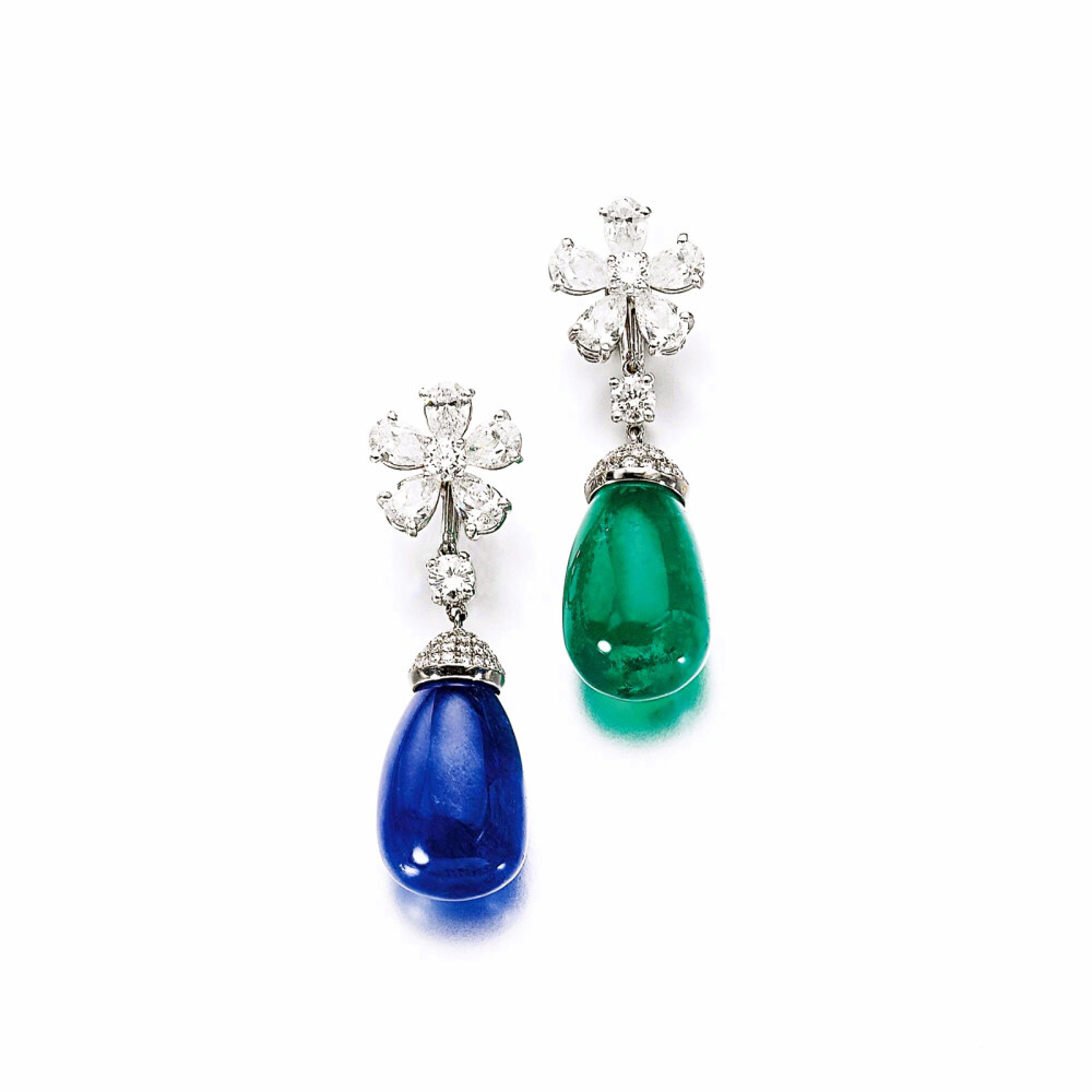 宝格丽耳环，材质为蓝宝石、绿宝石、钻石，最终以68,750 瑞士法郎成交。