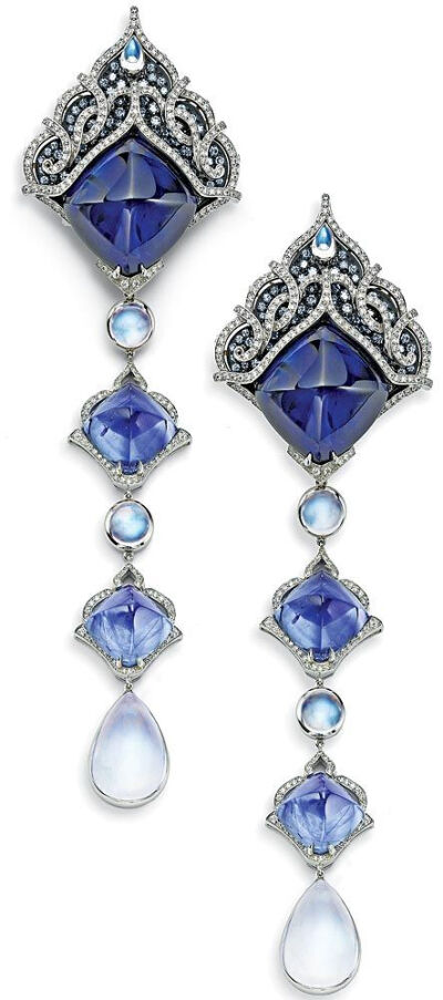 These sapphire, moonstone, and diamond earrings reflect Prince Dimitri’s fondness for antique jewelry.