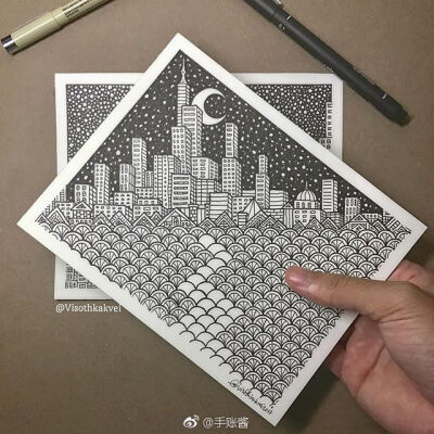 来自柬埔寨插画家 Visothkakvei Maine ​​​​的针管笔手绘~ ​ via @手账酱 ​