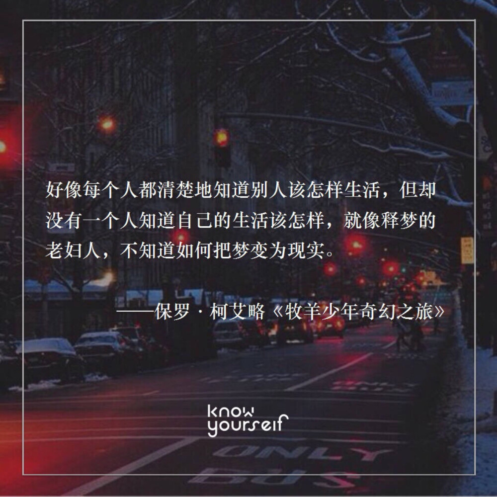 好像每个人都清楚地知道别人该怎样生活，但却没有一个人知道自己的生活该怎样，就像释梦的老妇人，不知道如何把梦变为现实。——保罗·柯艾略《牧羊少年奇幻之旅》