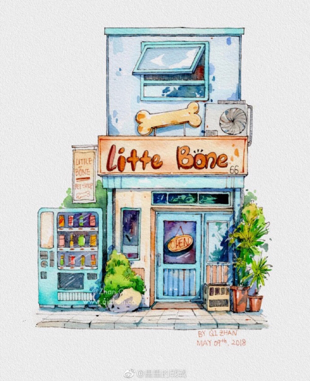 小清新水彩画，房子，店铺