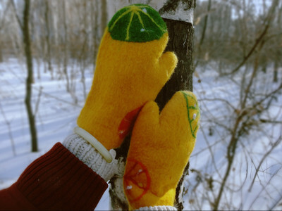 驯鹿国-手工原创-羊毛毡手套-柠檬橙子