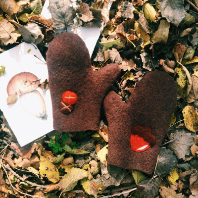 驯鹿国-手工原创-羊毛毡手套-蘑菇和橡果
