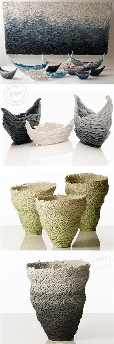陶瓷Kim-Anh Nguyen 密集成型的质感： 简单的而且细小的个体，经过粘贴，形成一个有形的个体，整体竟然有了纤维办的质感。
