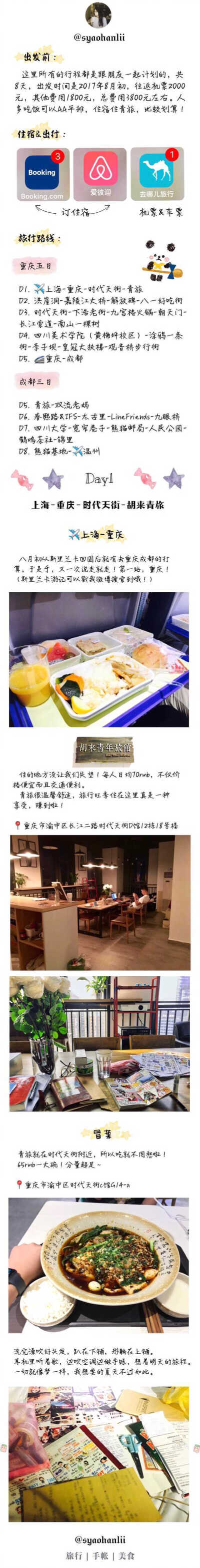 【粉丝投稿】「 重庆成都 · 超详细美食旅游攻略 」 毕业旅行8日3800元 / 超详细旅行日记 via：syaohanlii ​