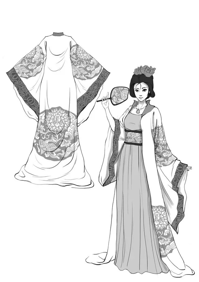 唐朝服饰(女式大袖衫) 唐代女服的领子,有圆领,方领,斜领,直领和鸡心