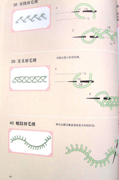 交叉羽毛绣、蛇纹羽毛绣