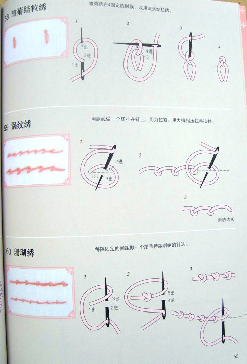 雏菊结粒绣、涡纹绣、珊瑚绣