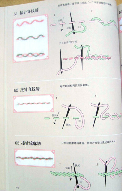 接针穿针绣、接针直线绣、接针轮廓绣