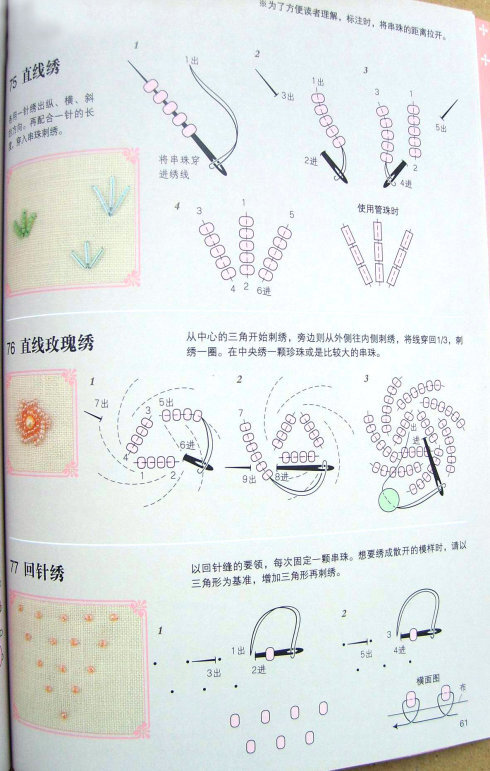 直线绣、直线玫瑰绣、回针绣