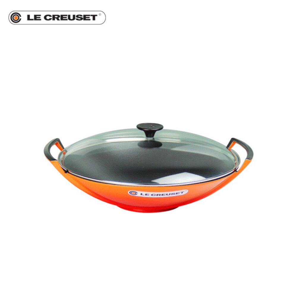 LE CREUSET 酷彩 珐琅铸铁 36厘米中式炒锅玻璃盖桔色