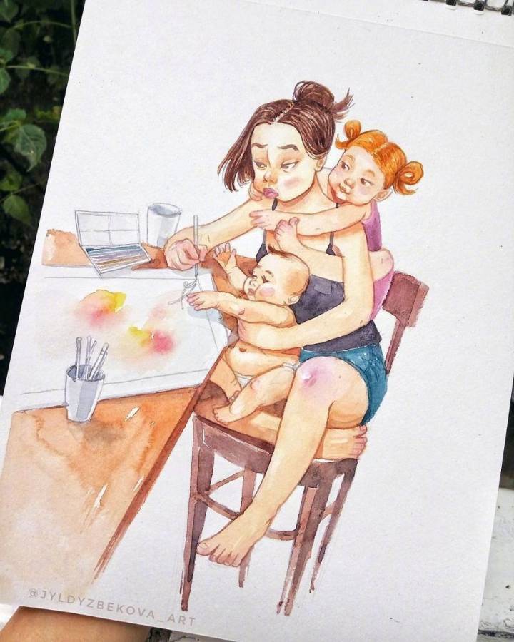 插画师 Jyldyz Bekova 用画笔记录下了自己的宝妈生活 ​