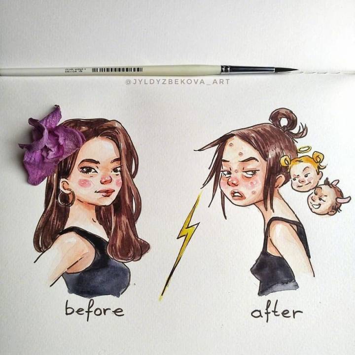 插画师 Jyldyz Bekova 用画笔记录下了自己的宝妈生活 ​