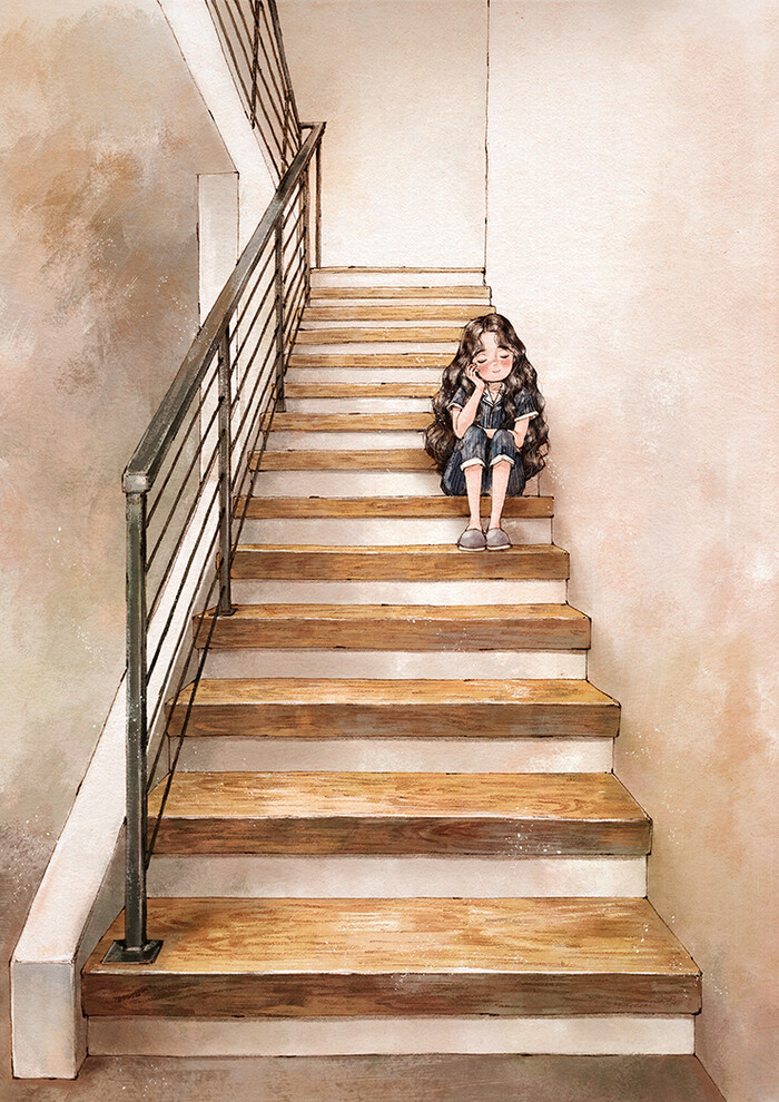 繁忙的楼梯，上上下下…偶尔停下来，静静想一想，让下一步走得更有意义 ~ 来自韩国插画家Aeppol 的「森林女孩日记-2018」系列插画。
