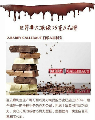 【世界九大顶级巧克力，你尝过哪几种？】1、Toblerone 瑞士三角巧克力；2、BARRY CALLEBAUT 百乐 &amp; 嘉利宝；3、Duc D'o 迪克多；4、Guylian 吉利莲；5、Caffarel 口福莱；6、Godiva 高迪瓦；7、Lindt 瑞士莲；8…