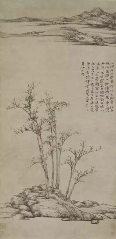 《渔庄秋霁图轴》描绘太湖一角晴秋傍晚的山光水色。湖水浩渺，遥接逶迤山脉。近处小丘上有嘉树五株，参差错落。疏笔亁墨，精心勾皴，笔法方中参圆，简中寓繁，给人以耐人寻味的笔墨意趣。图上有自题诗跋，言此图为作…