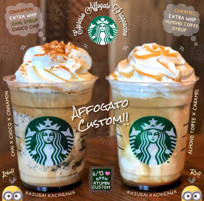 STARBUCKS——⬅️CHAI X CHOCO X CINNAMON：CINNAMON&EXTRA WHIP&CHAI SYRUP&CHOCO CHIP➡️ALMOND TOFFEE X CARAMEL：CARAMEL&EXTRA WHIP&ALMOND TOFFEE SYRUP