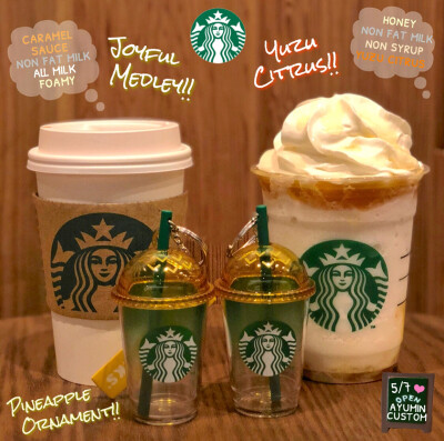 STARBUCKS——⬅️JOYFUL MEDLEY:CARAMEL SAUCE&NON FAT MILK&ALL MILK&FOAMY➡️YUZU CITRUS:HONEY&NON FAT MILK&NON SYRUP&YUZU CITRUS