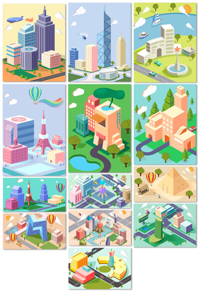 2.5d立体创意场景建筑城市平面卡通插画3d装饰画psd海报设计模板